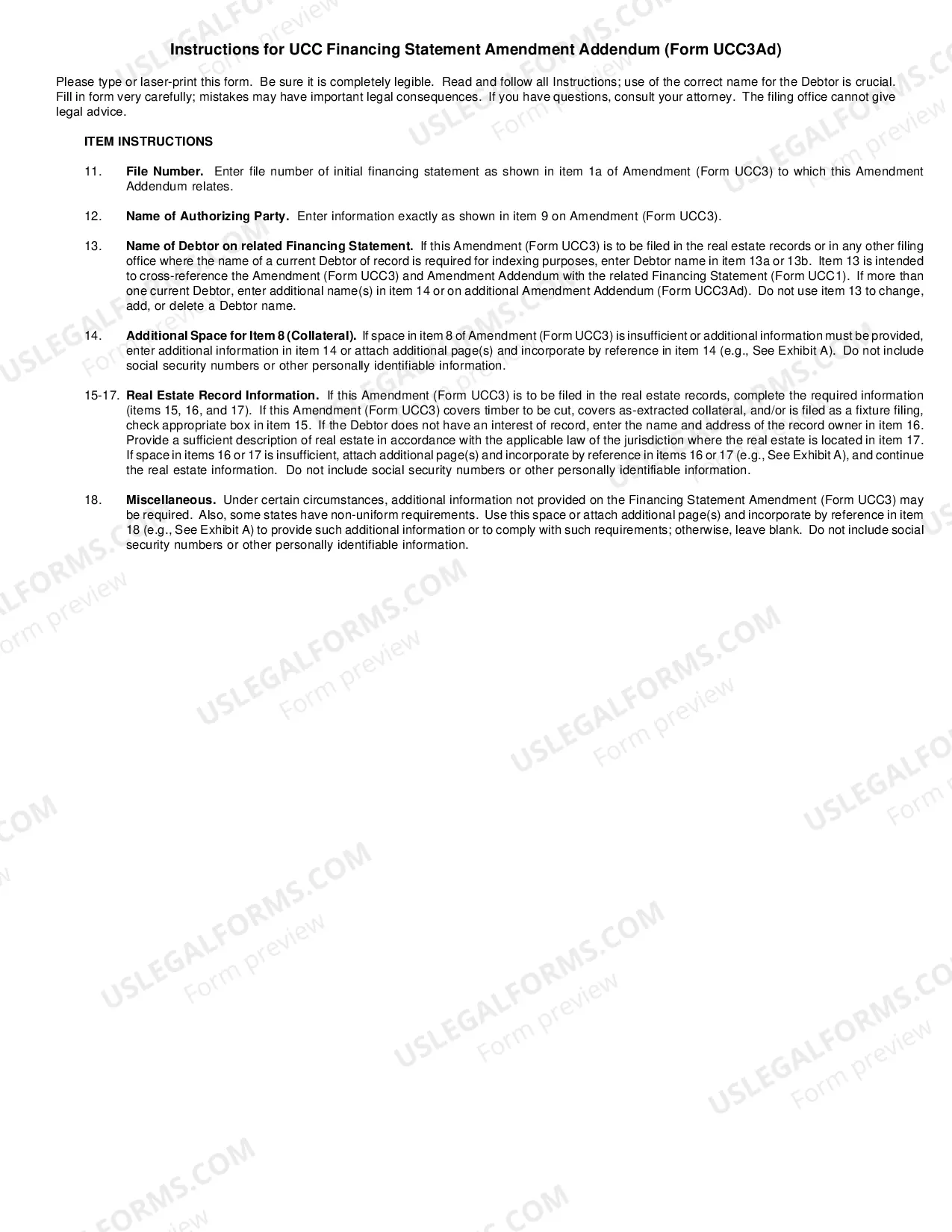 Preview UCC-3ad Financing Statement Amendment Addendum