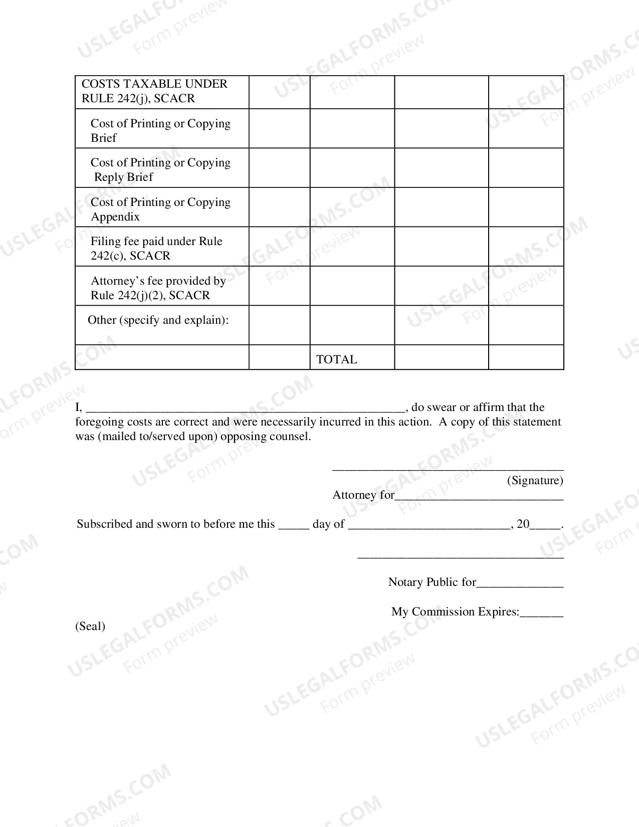Preview Itemized Statement of Costs