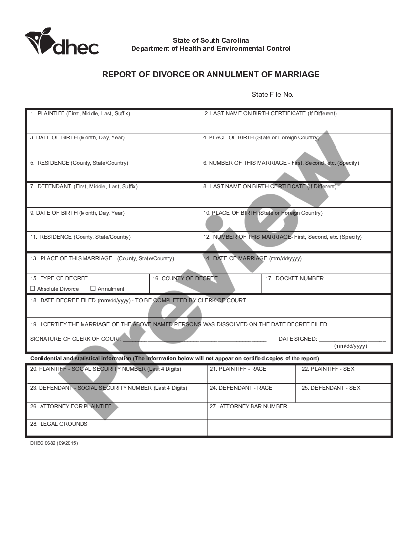 South Carolina Report Of Divorce Or Annulment Of Marriage Us Legal Forms 