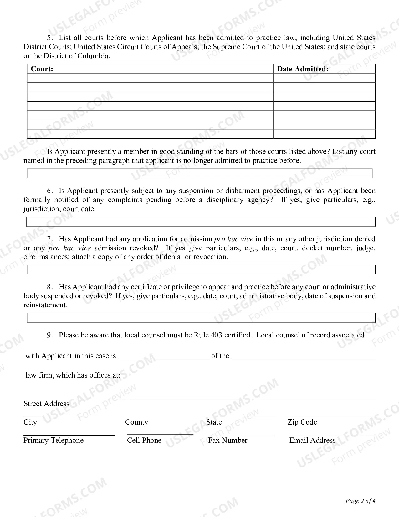 Preview Pro Hac Vice Application