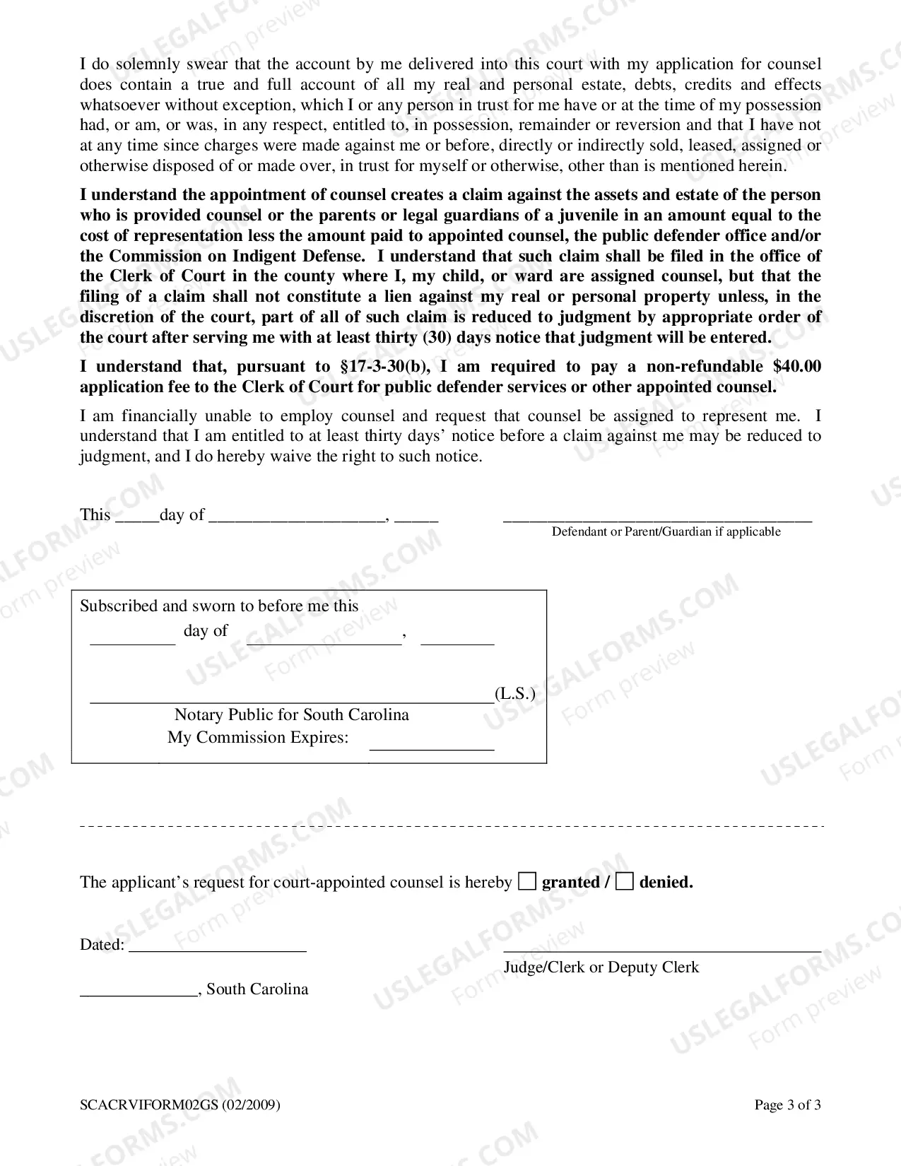 Preview Affidavit of Indigency and Application for Counsel (General Sessions)