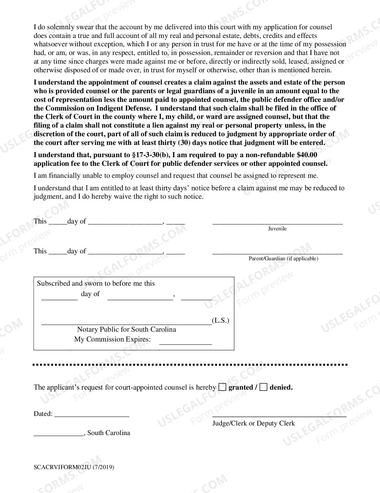 Preview Affidavit of Indigency and Application for Counsel (Juvenile Delinquency)