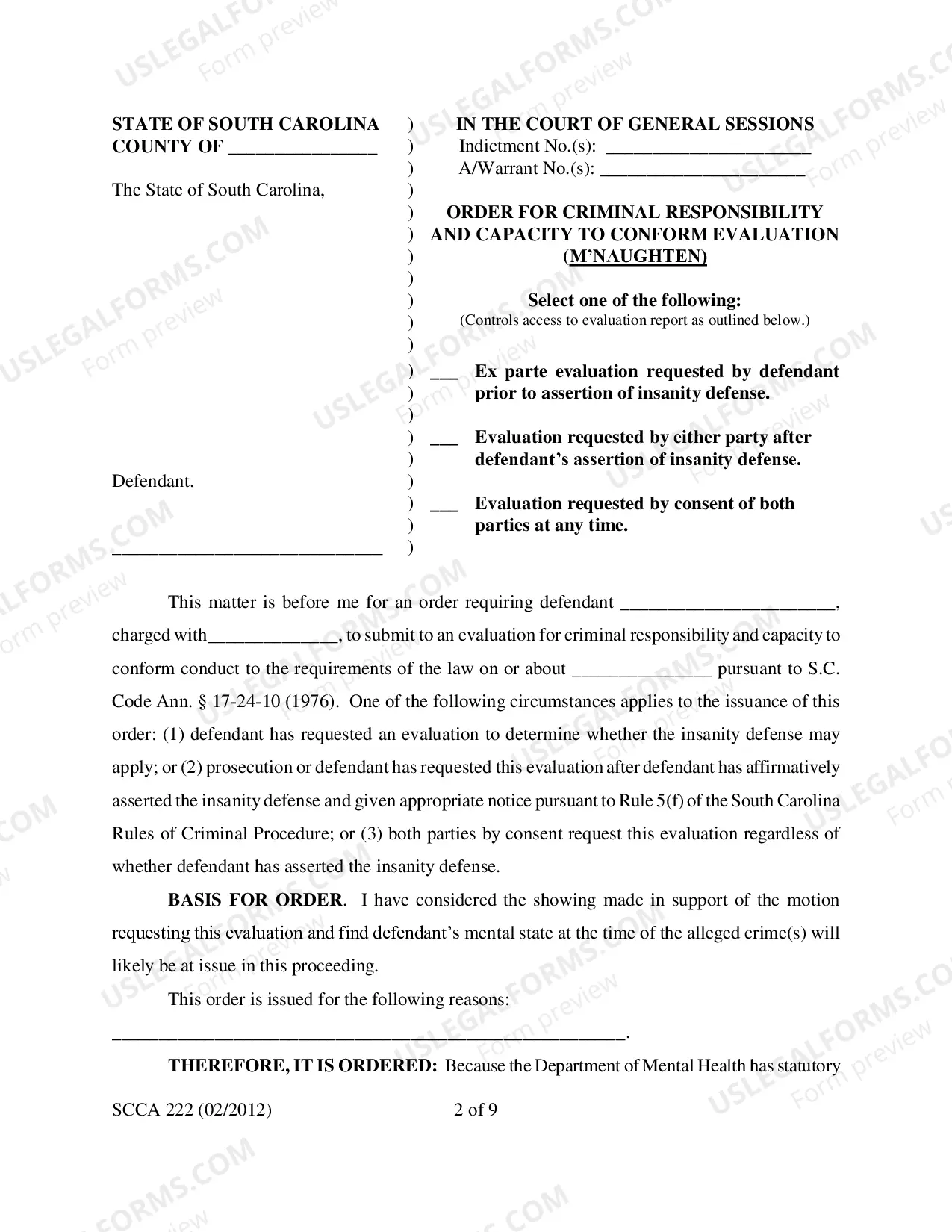 Preview Criminal Responsibility Order for McNaughtan Evaluation