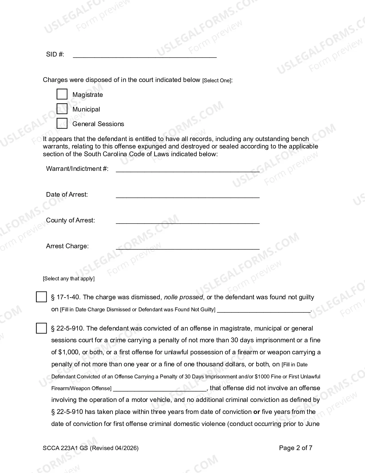 Preview Order for Destruction of Arrest Records (General Sessions)