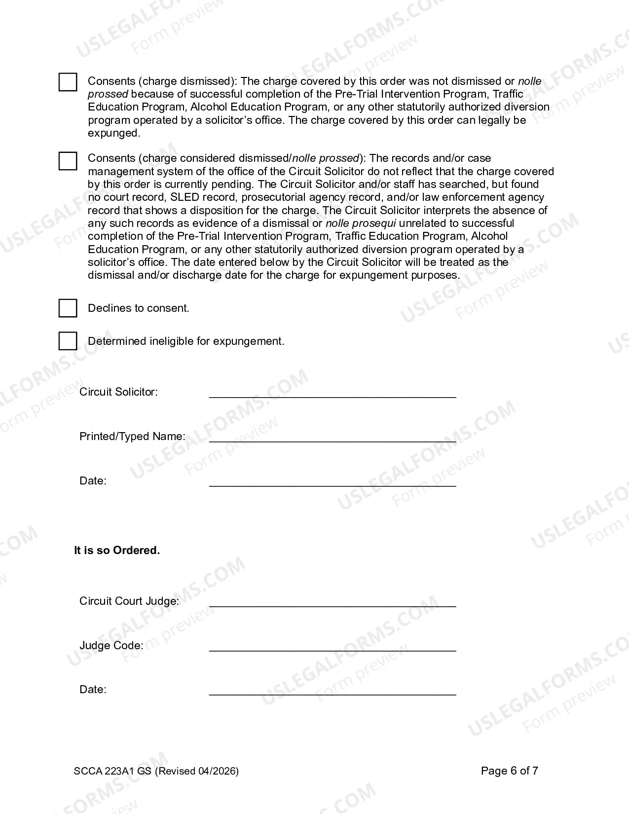 Preview Order for Destruction of Arrest Records (General Sessions)