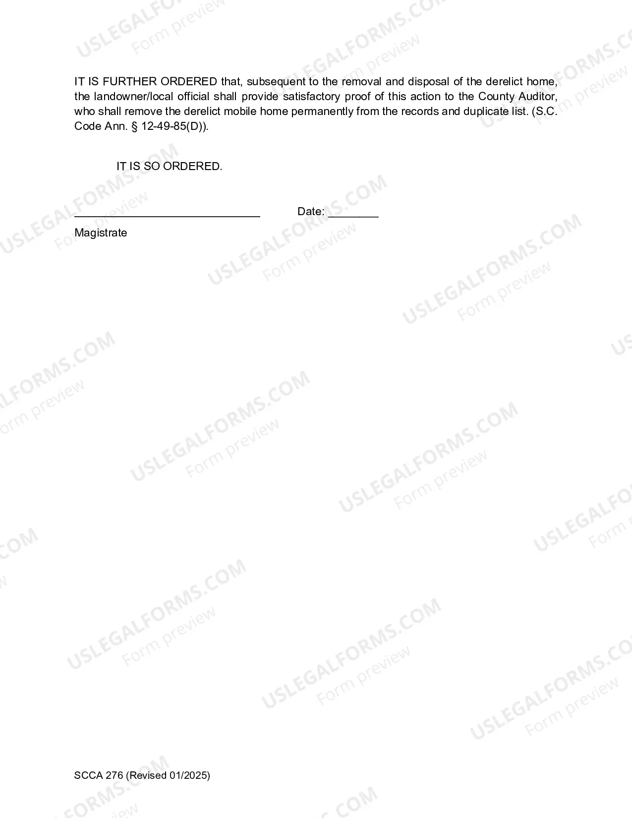 Preview Order Concerning Removal & Sale/ or Destruction Derelict Mobile Home