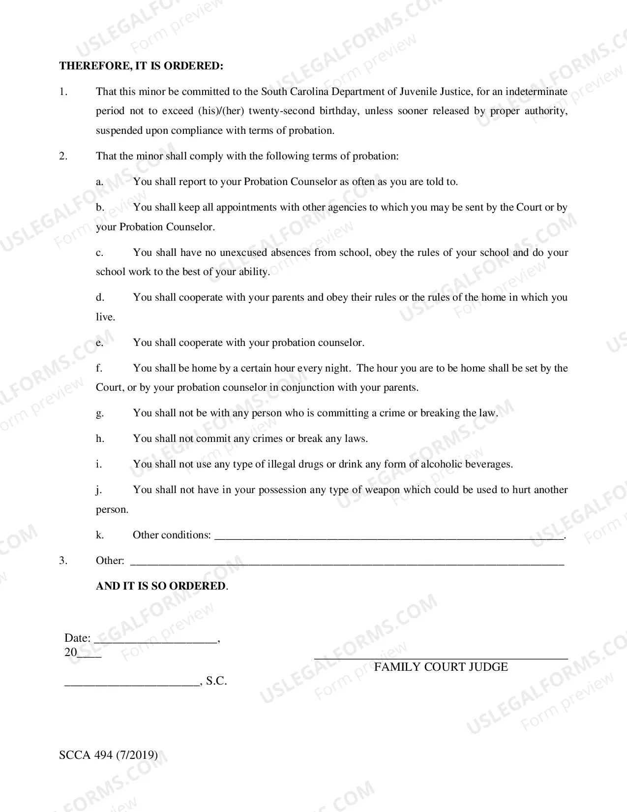 Preview Order of Probation - Non-Status Offenses
