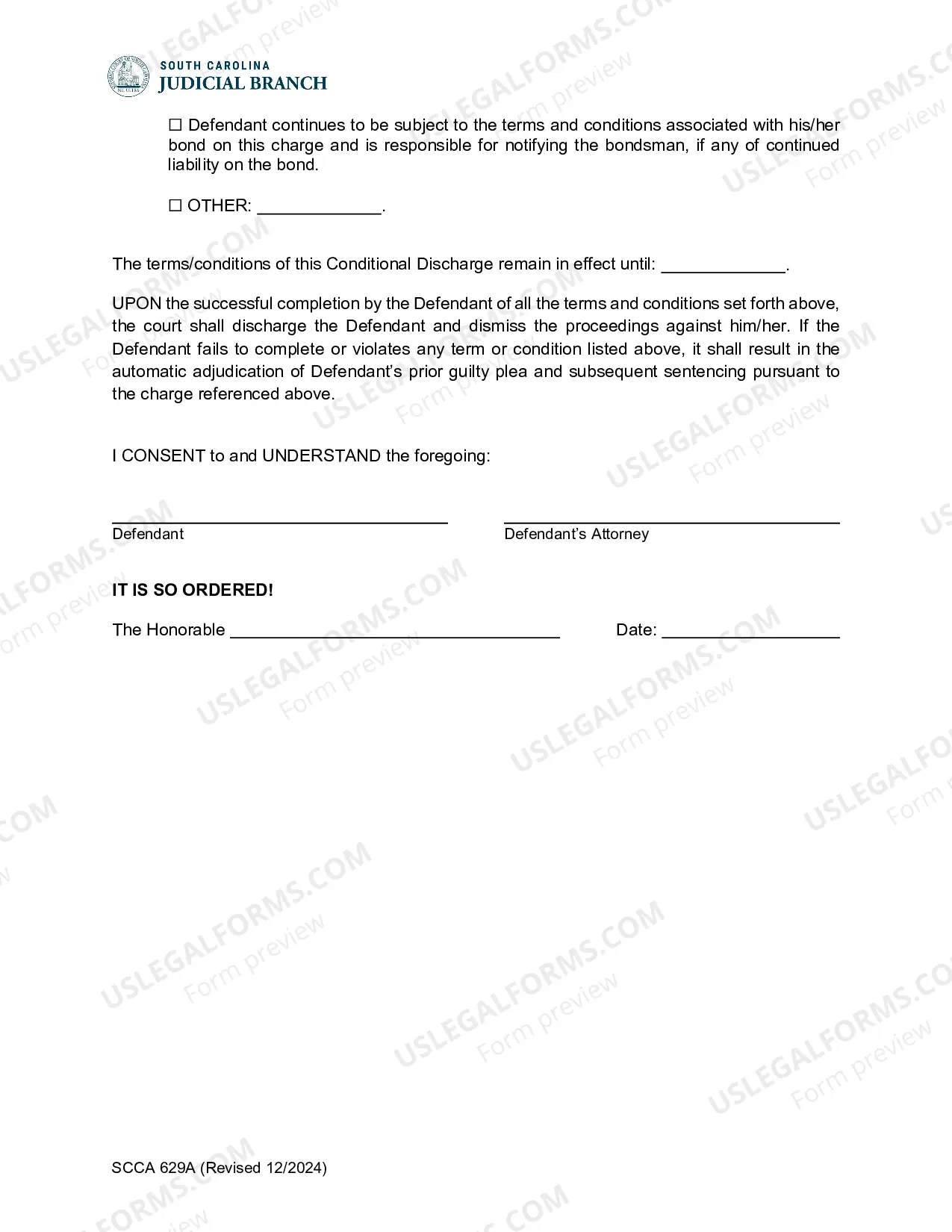Preview Order for Conditional Discharge Pursuant to S.C. Code Sec. 44-53-450