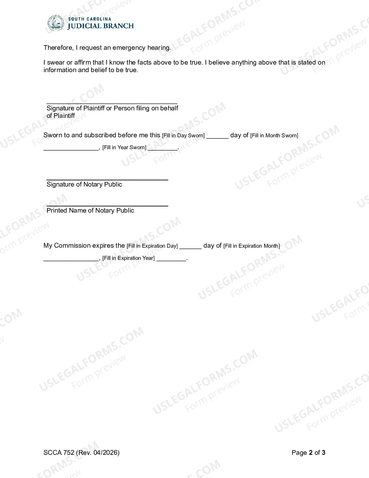 Preview Motion and Affidavit for Emergency Hearing (Temporary Restraining Order) (Harassment and Stalking)