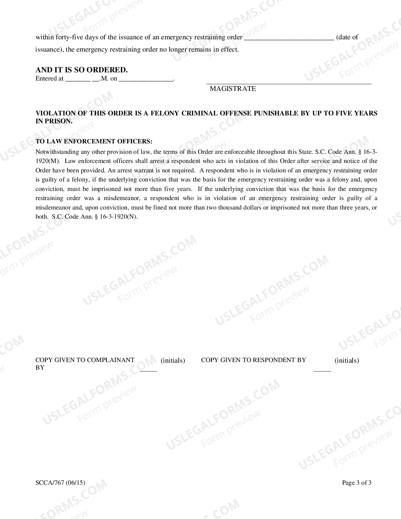 Preview Emergency Restraining Order (Ex Parte)