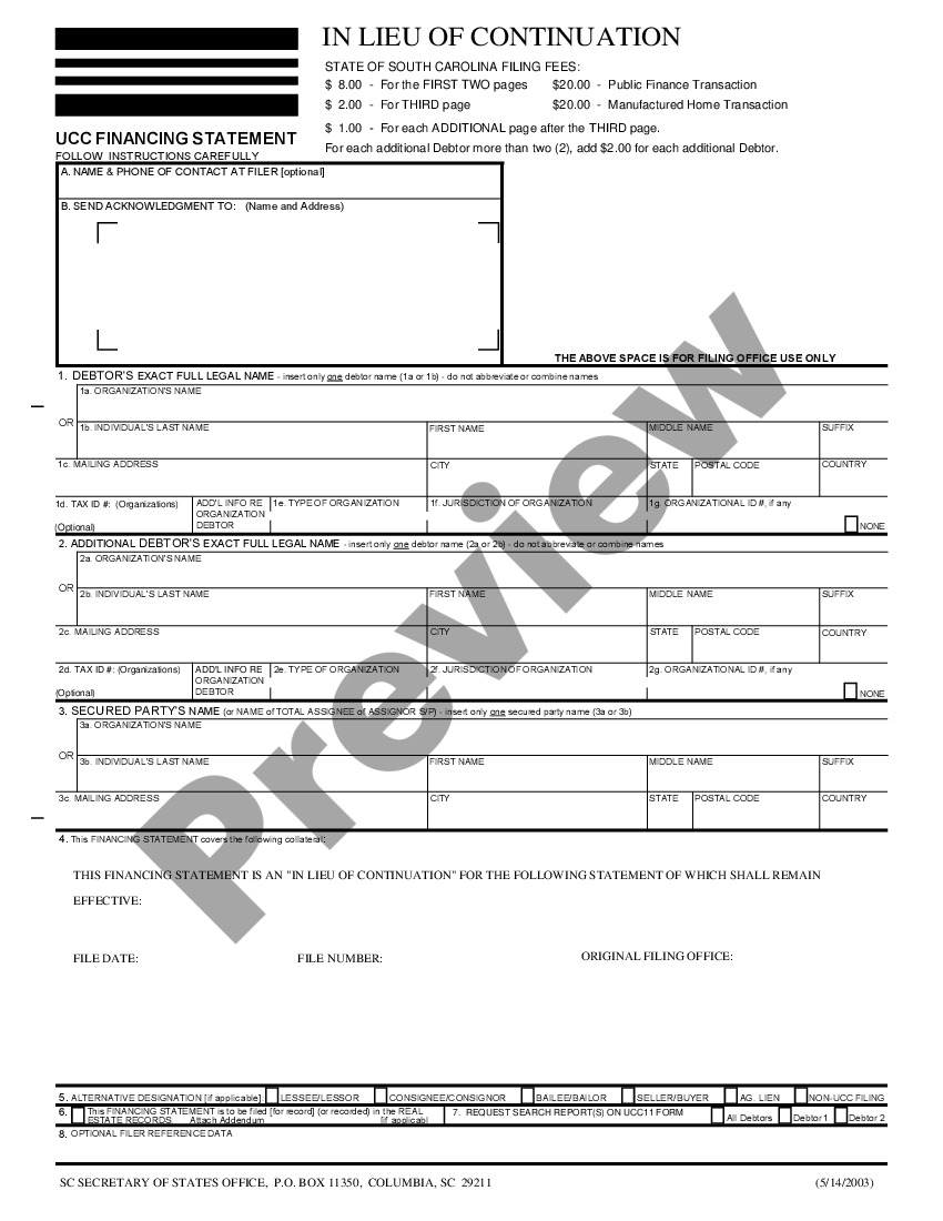 South Carolina UCC1 Financing Statement In Lieu of Continuation | US ...