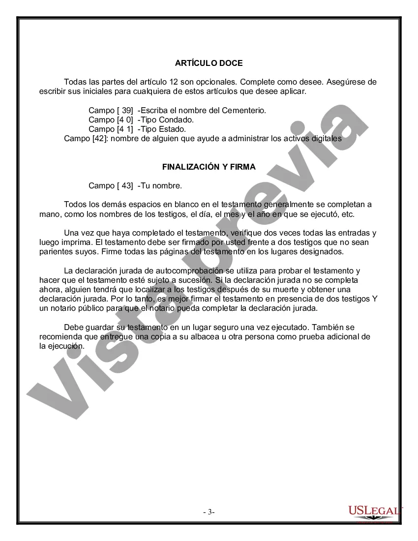 Preview Formulario Legal de Última Voluntad y Testamento para Persona Soltera con Hijos Adultos y Menores