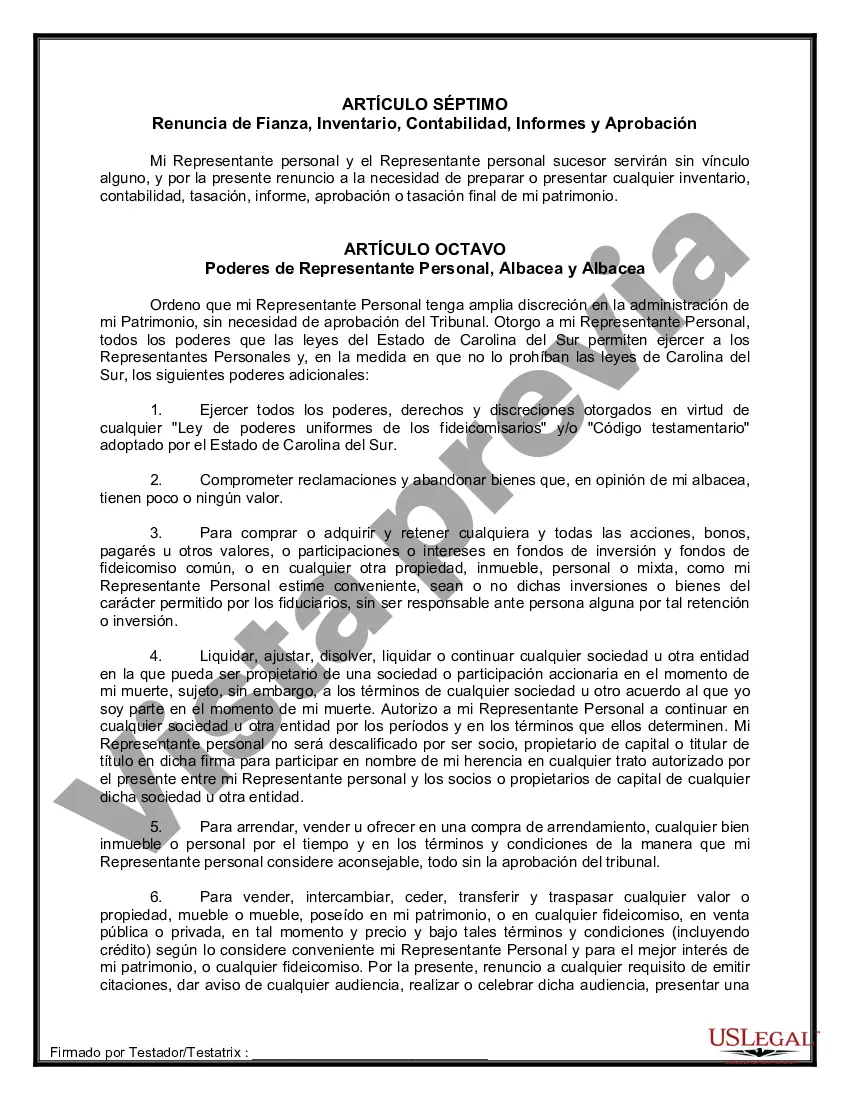 Preview Formulario Legal de Última Voluntad y Testamento para Persona Soltera con Hijos Adultos