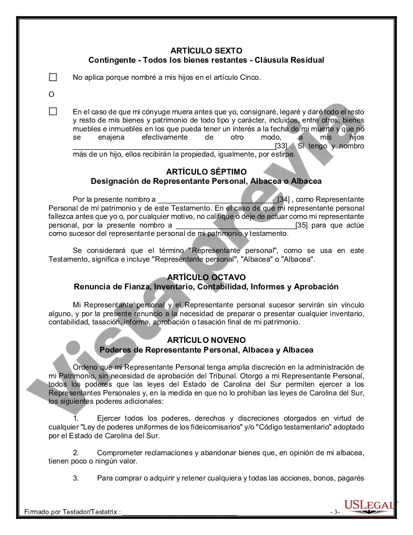 Preview Formulario de última voluntad y testamento legal para una persona casada con hijos adultos de un matrimonio anterior