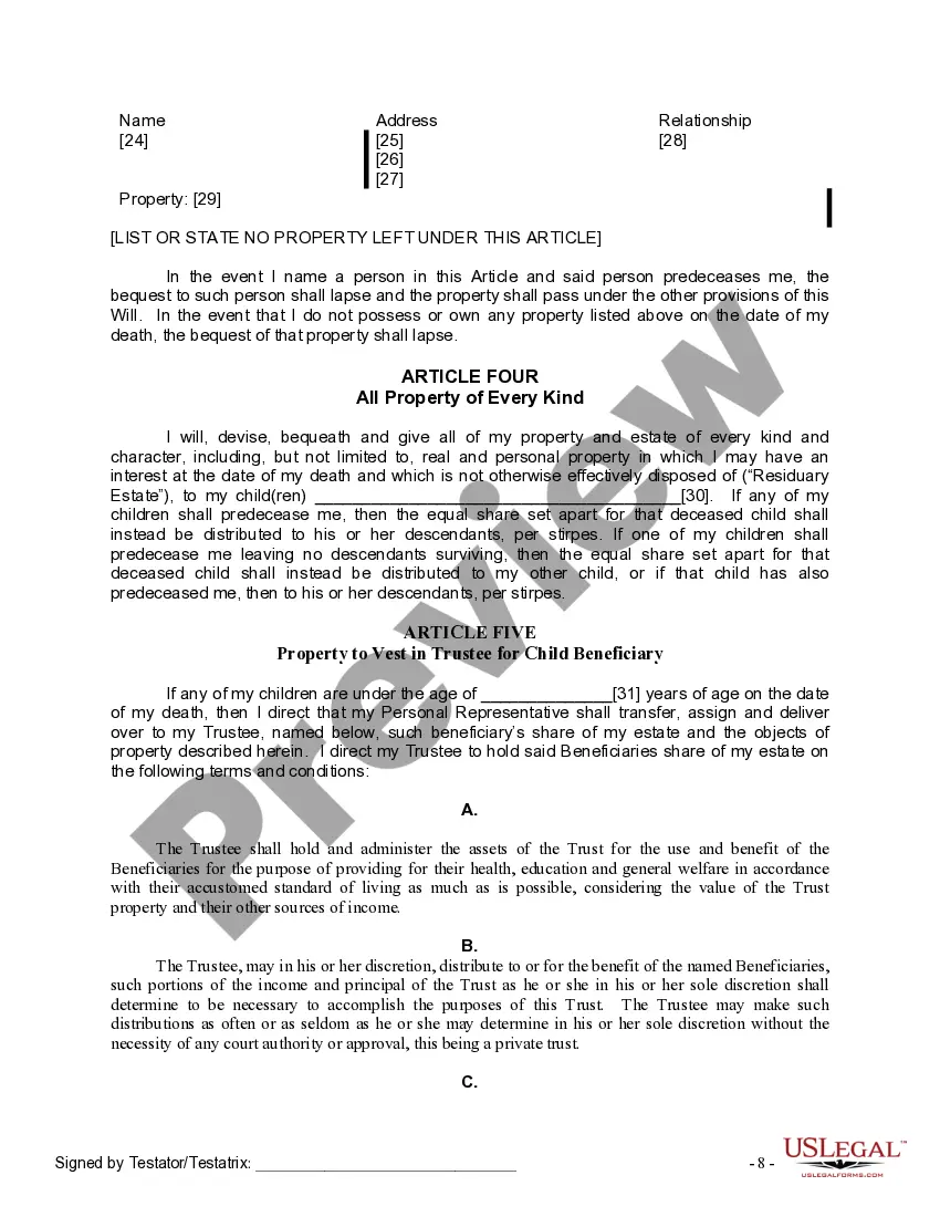 Preview Last Will and Testament for Divorced Person Not Remarried with Adult and Minor Children