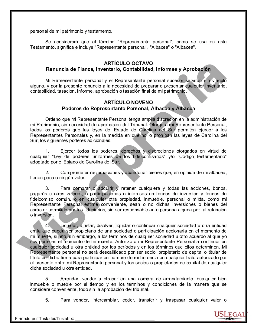 Preview Formulario de última voluntad y testamento legal para una persona casada sin hijos