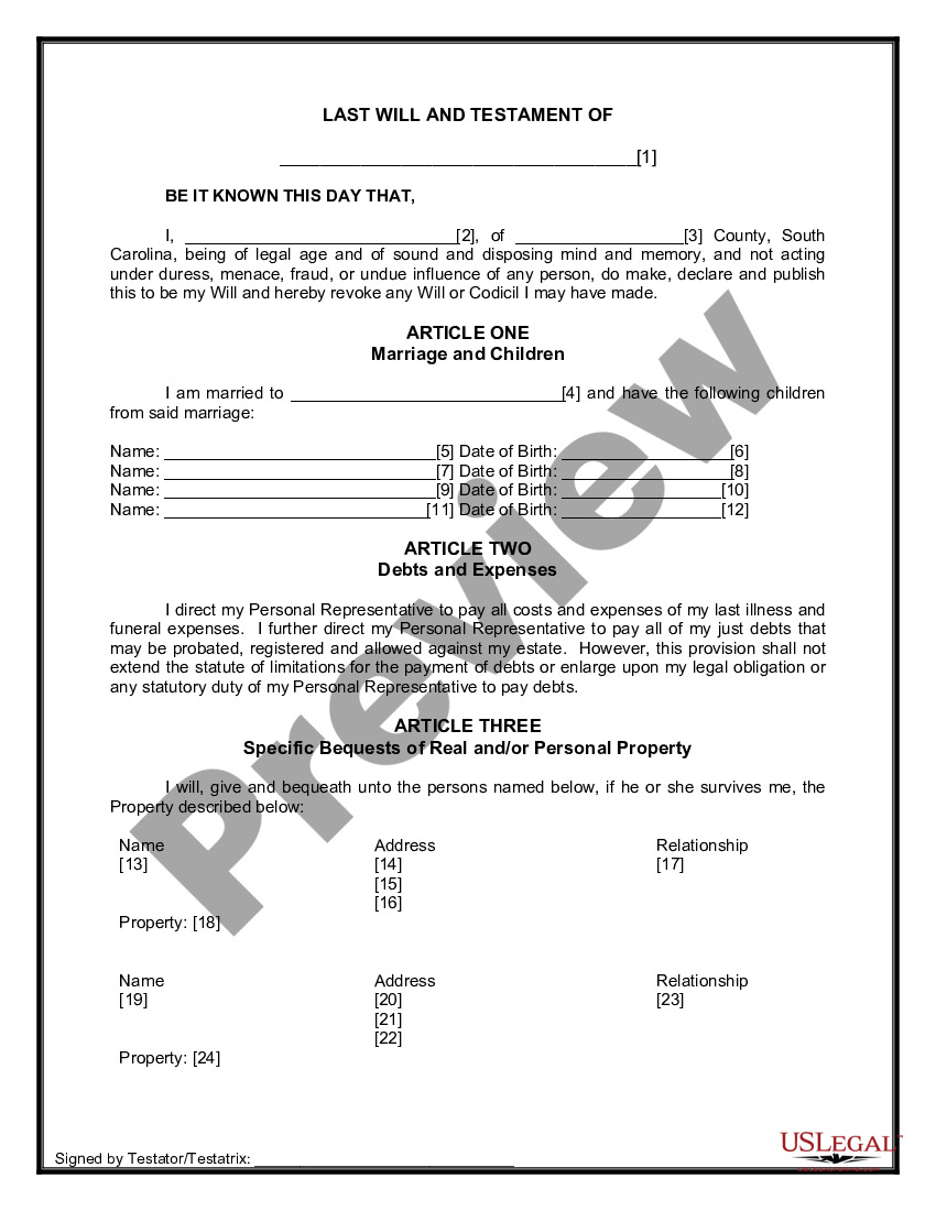 South Carolina Legal Last Will and Testament Form for Married person