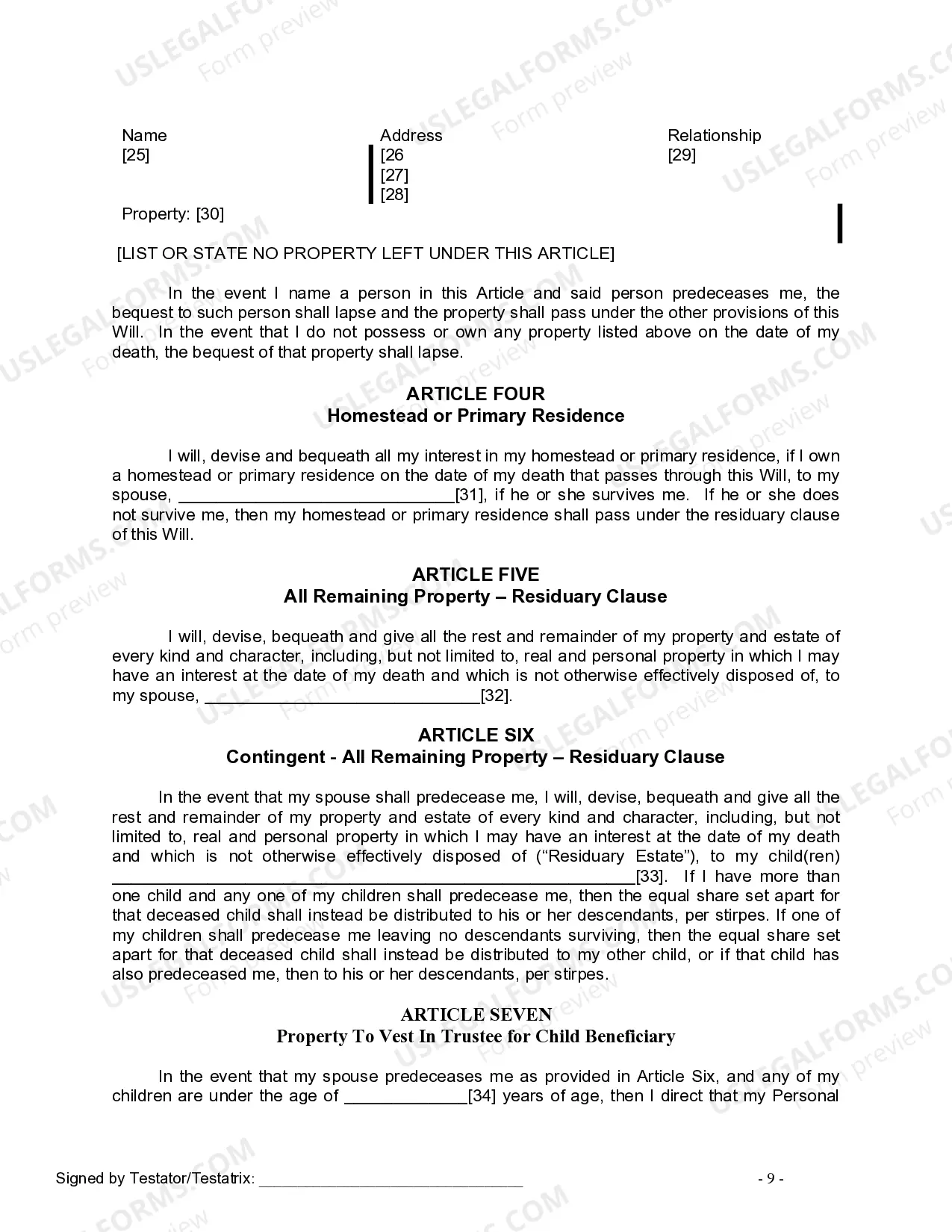 Preview Last Will and Testament for Married person with Minor Children