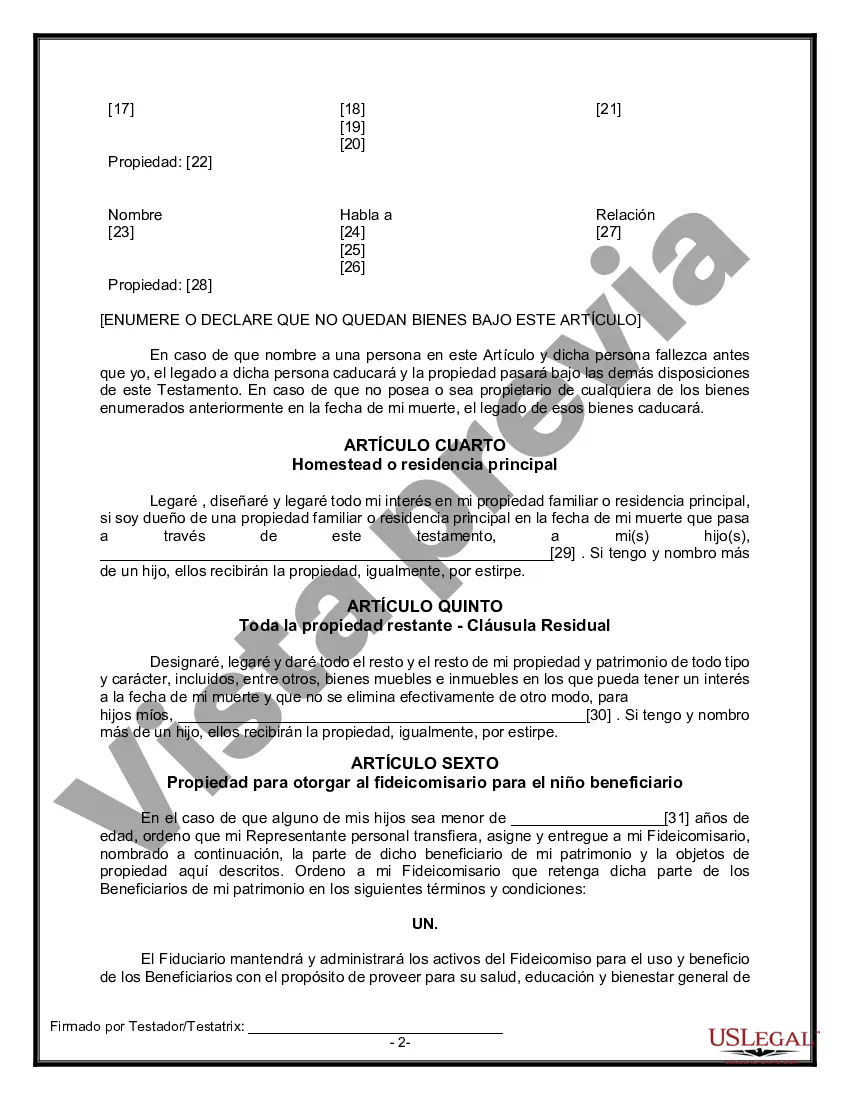 Preview Formulario Legal de Última Voluntad y Testamento para Viuda o Viudo con Hijos Menores