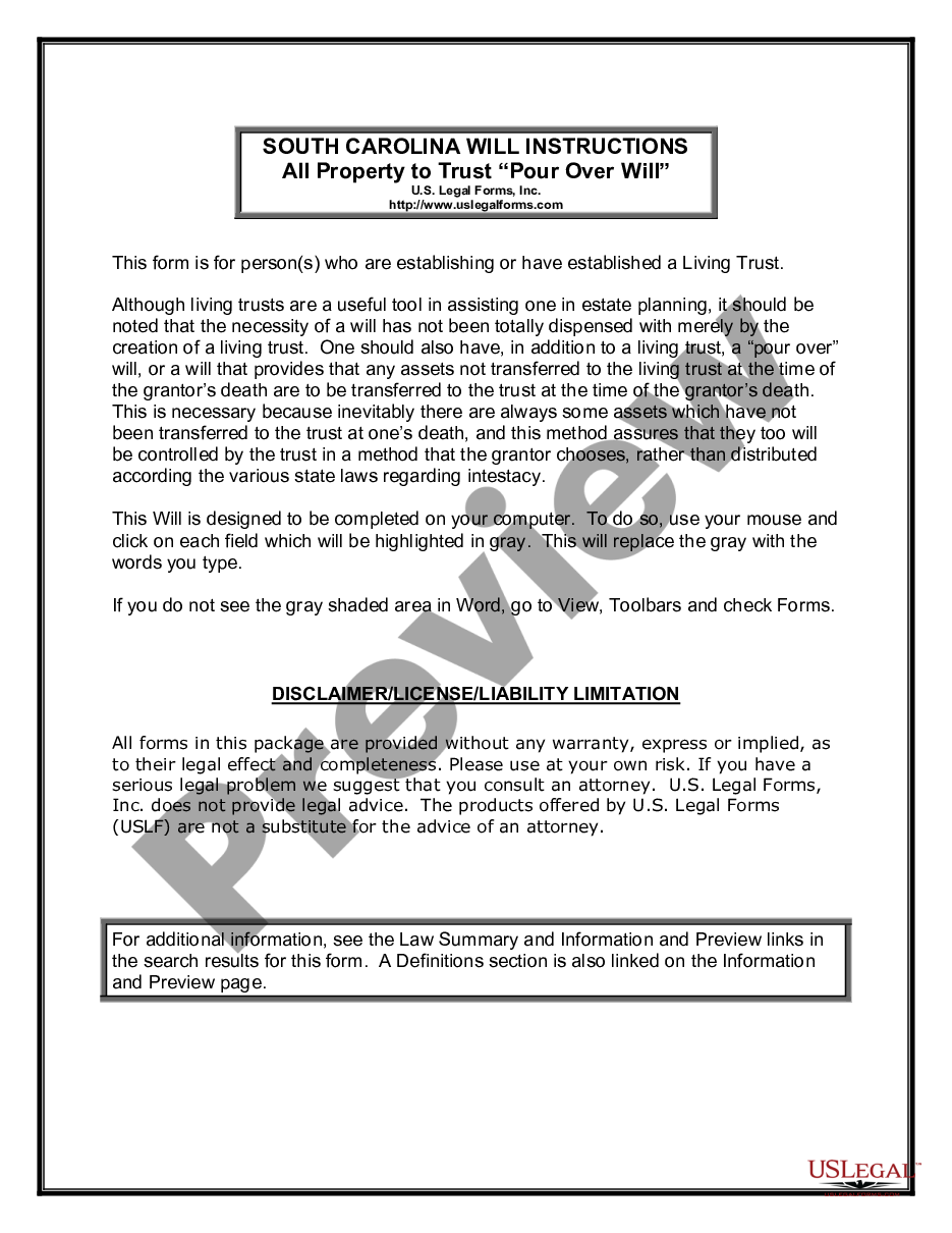 South Carolina Legal Last Will and Testament Form with All Property to