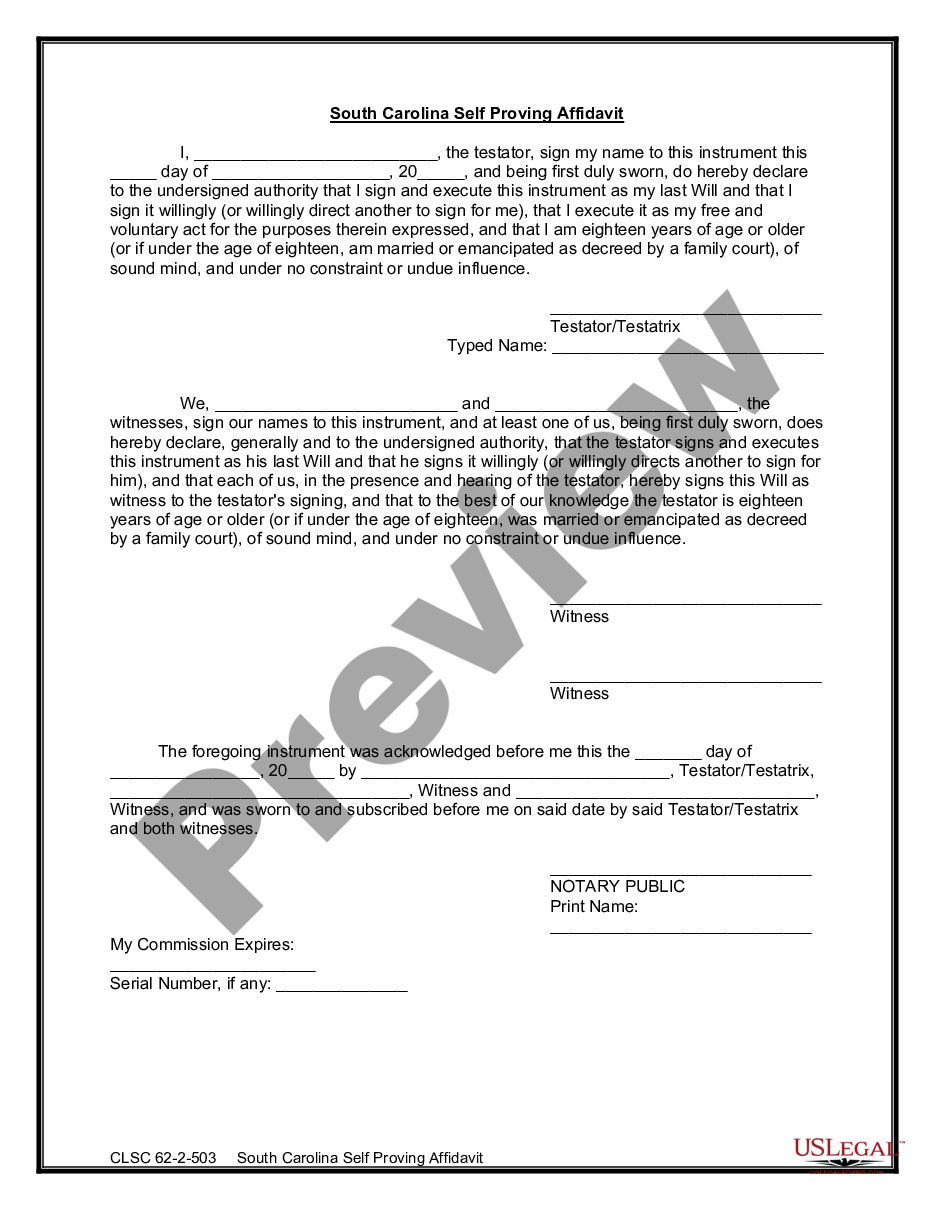 South Carolina Legal Last Will and Testament Form with All Property to