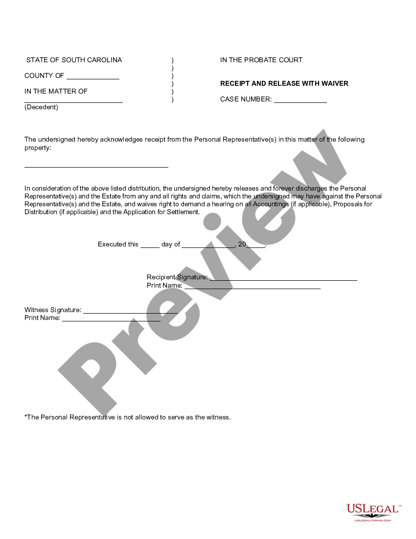 South Carolina Receipt And Release With Waiver Us Legal Forms 3051