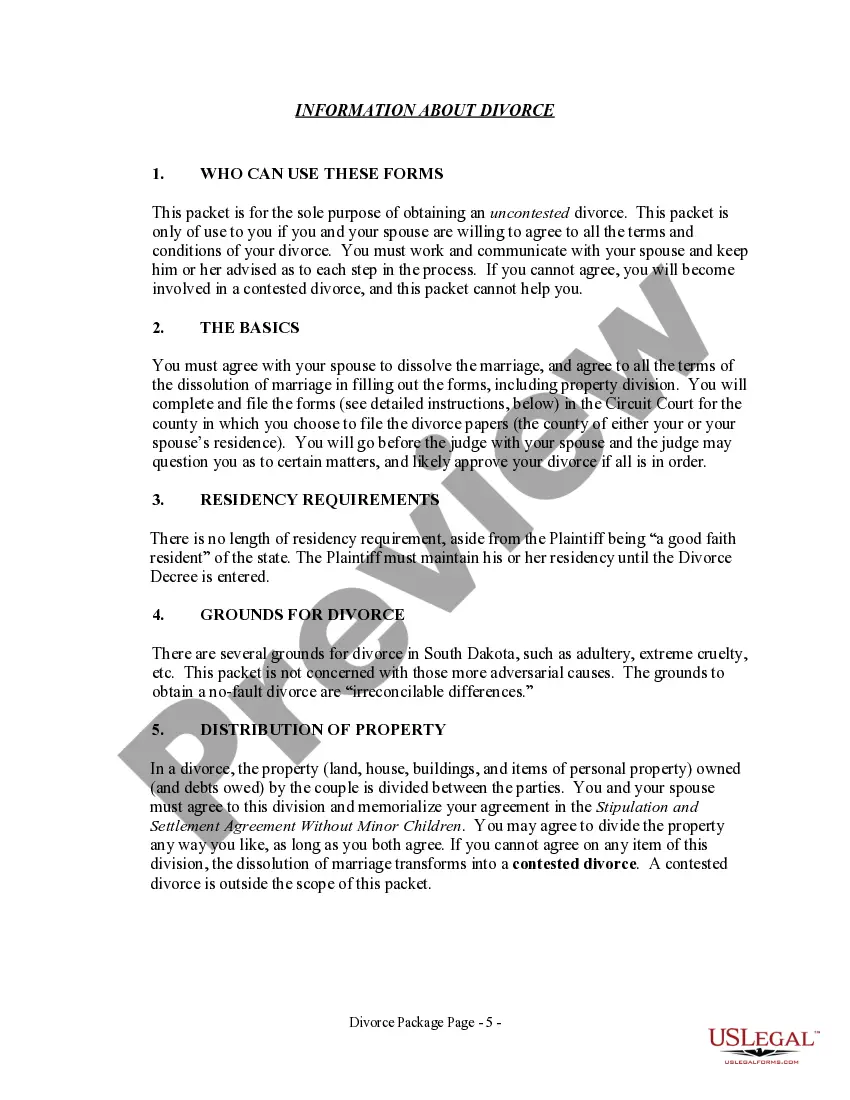 Get South Dakota No-Fault Uncontested Agreed Divorce Package for Dissolution of Marriage with Adult Children and with or without Property and Debts Preview South Dakota No-Fault Uncontested Agreed Divorce Package for Dissolution of Marriage with Adult Children and with or without Property and Debts