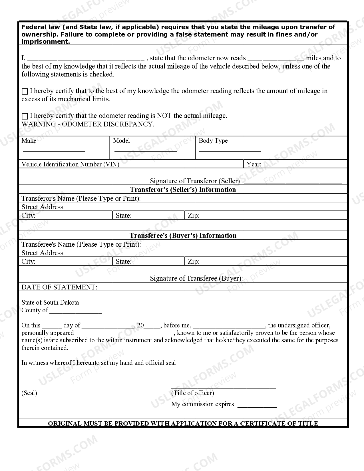 South Dakota Bill of Sale for Automobile or Vehicle including Odometer Statement and Promissory ...