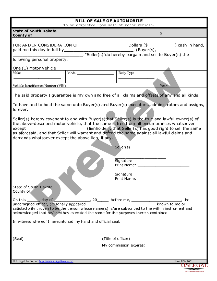 Sioux Falls South Dakota Bill Of Sale Of Automobile And Odometer Statement Us Legal Forms 8549