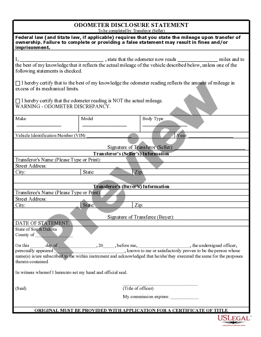 Preview Bill of Sale of Automobile and Odometer Statement