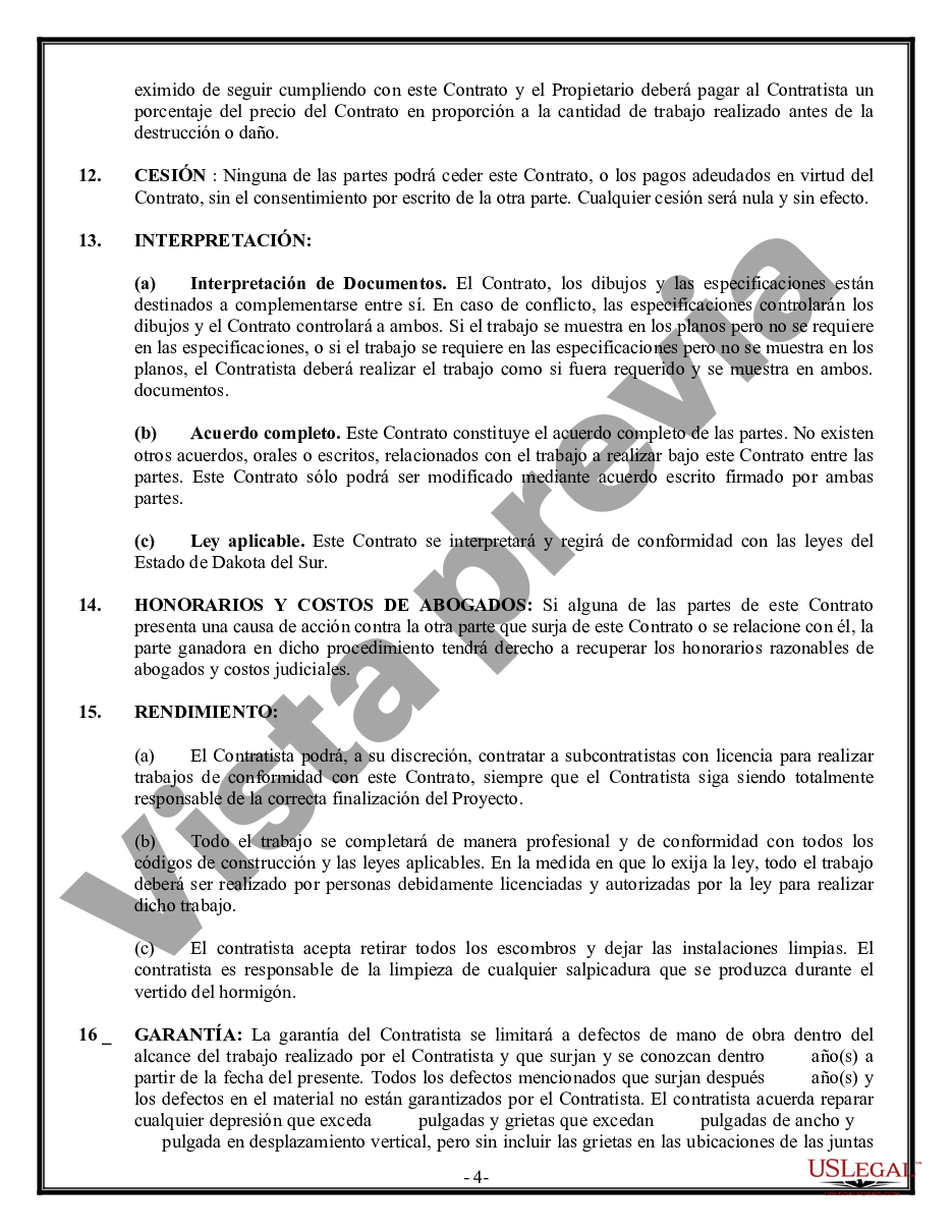 South Dakota Contrato De Albañil De Hormigón Para Contratista Us Legal Forms 7189