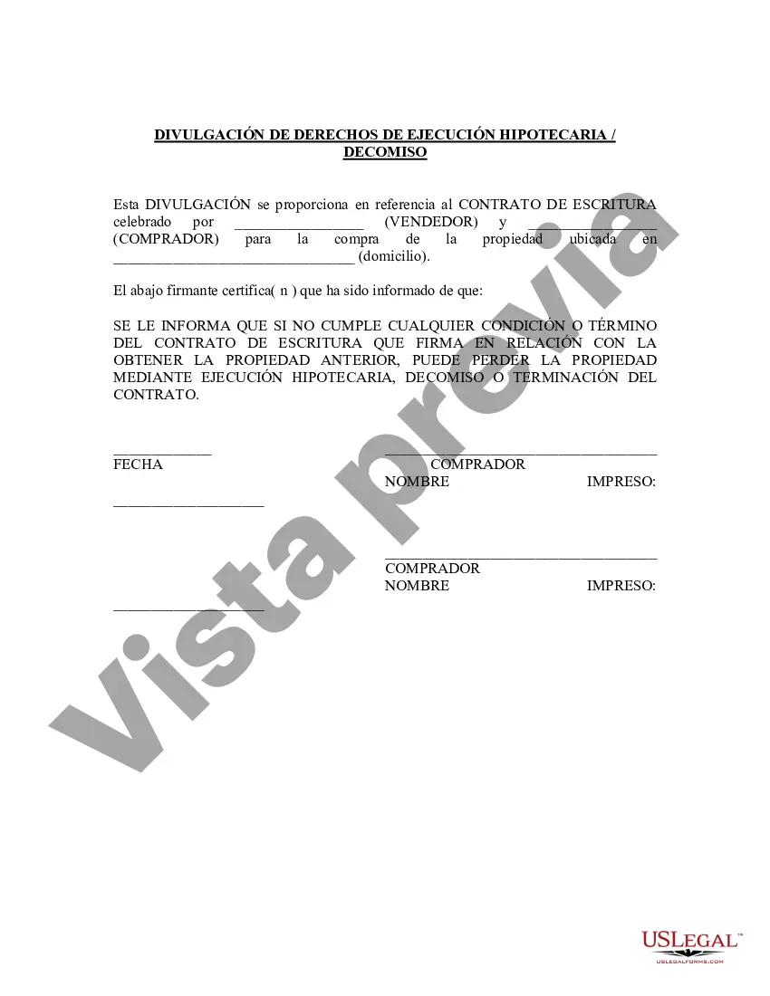 Preview Divulgación del vendedor de los derechos de confiscación del contrato de escritura