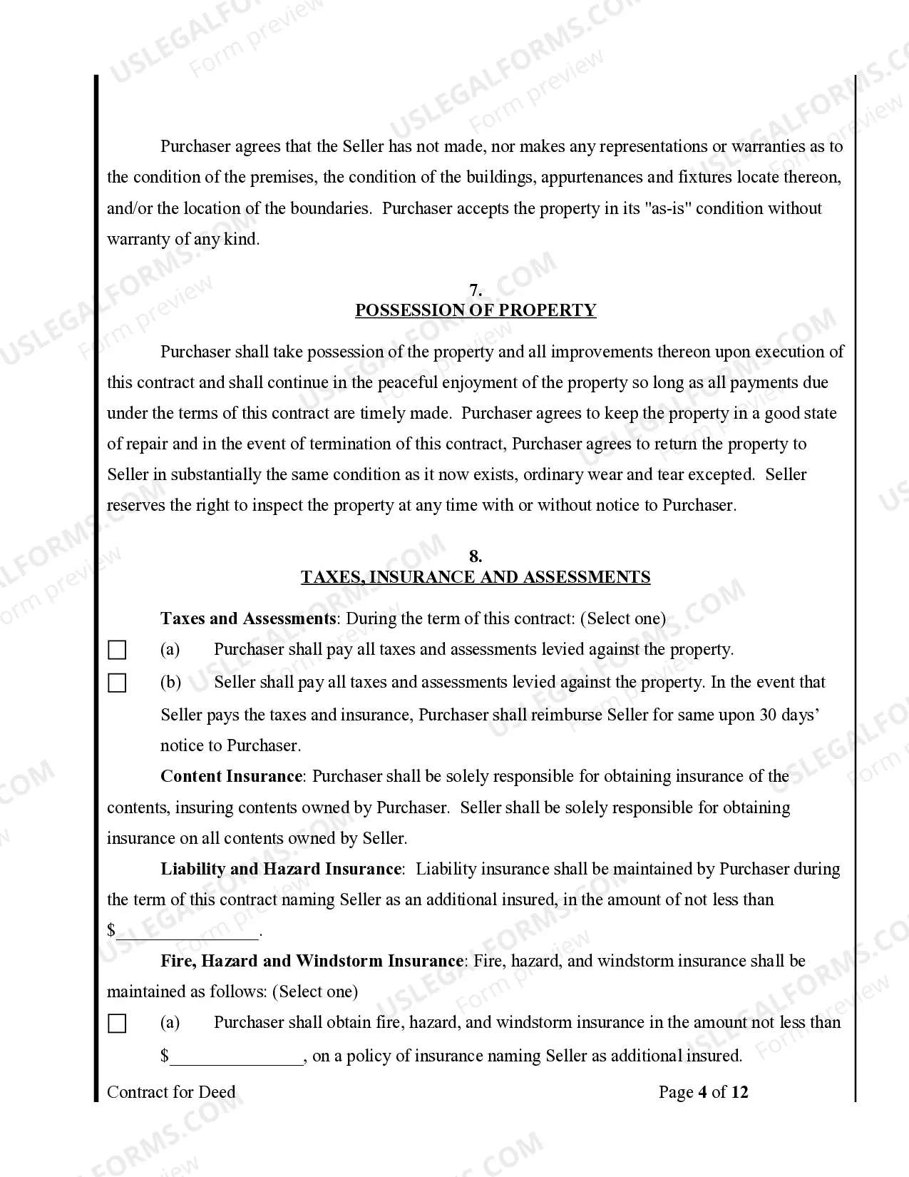 Preview Agreement or Contract for Deed for Sale and Purchase of Real Estate a/k/a Land or Executory Contract