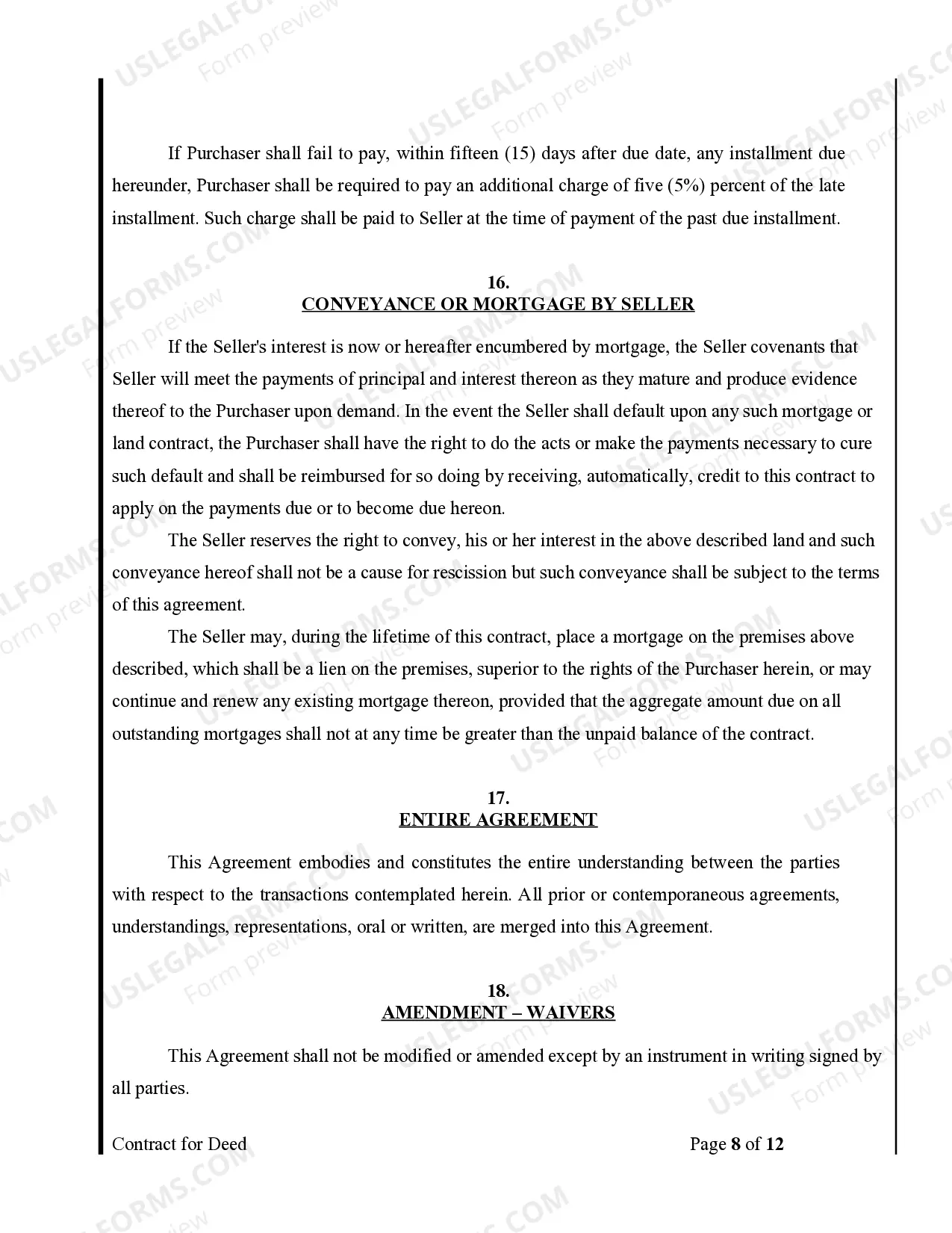 Preview Agreement or Contract for Deed for Sale and Purchase of Real Estate a/k/a Land or Executory Contract