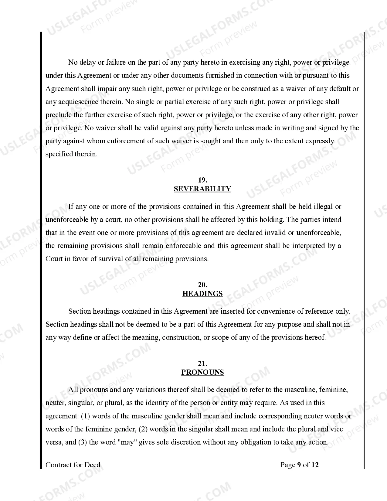 Preview Agreement or Contract for Deed for Sale and Purchase of Real Estate a/k/a Land or Executory Contract