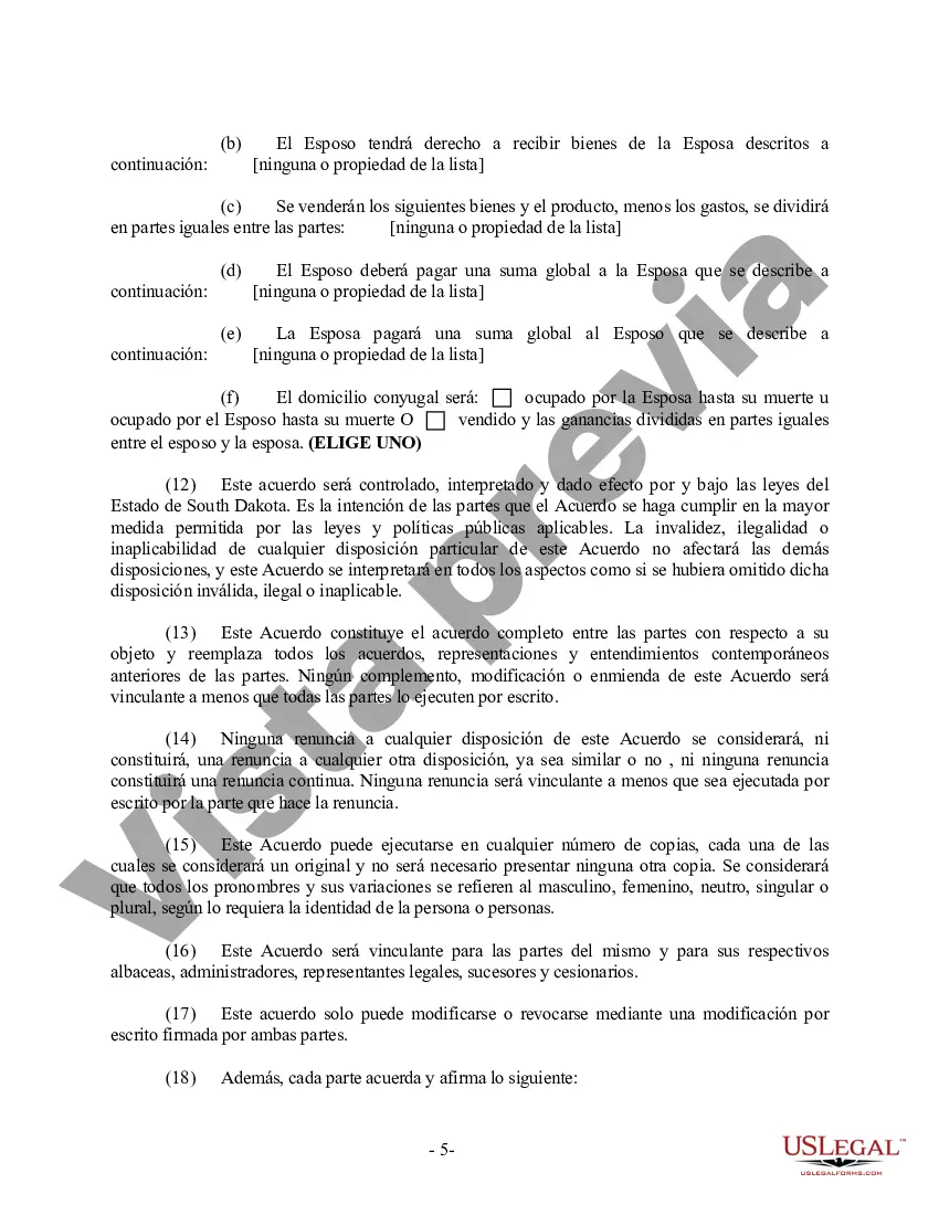 Preview Acuerdo prematrimonial prenupcial de Dakota del Sur sin estados financieros
