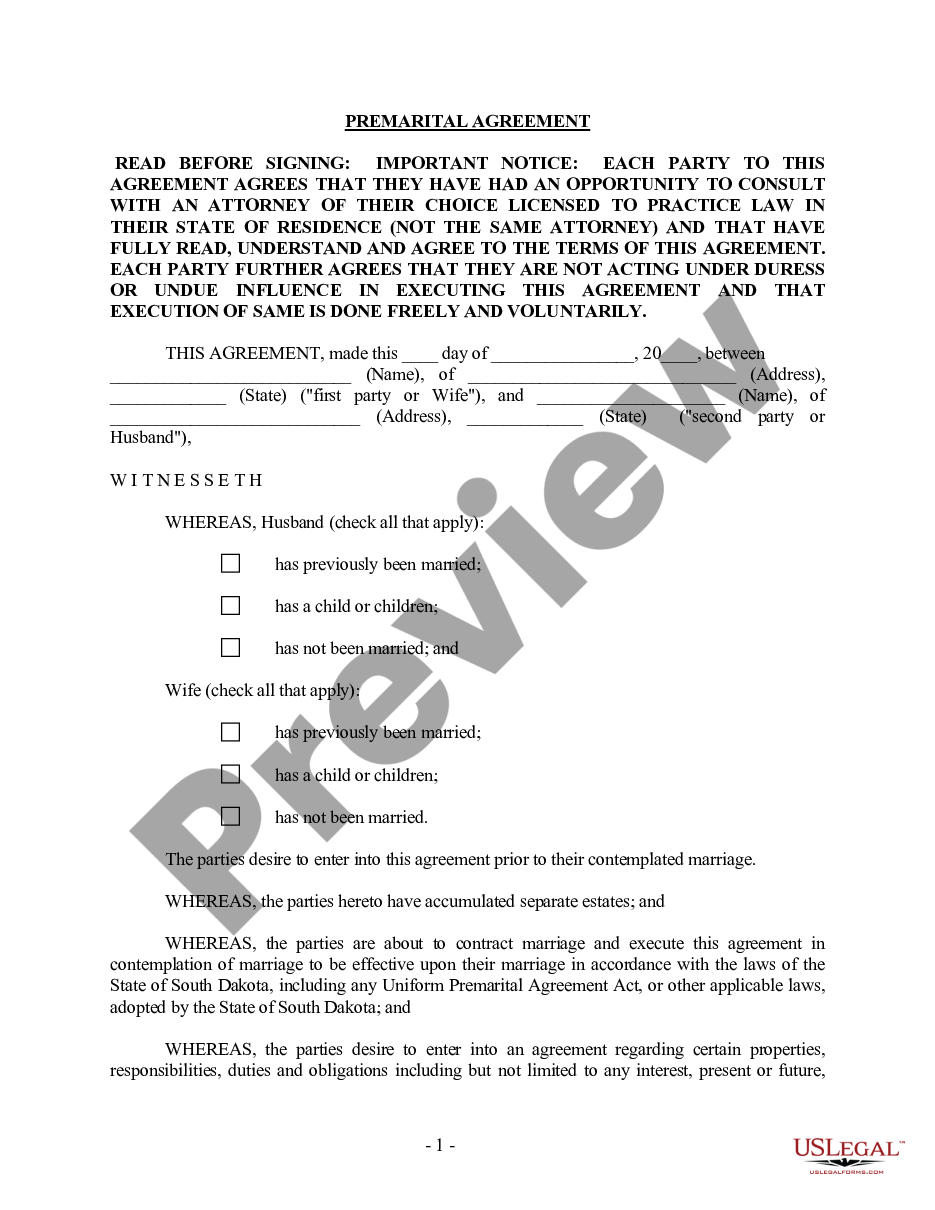 page 0 South Dakota Prenuptial Premarital Agreement without Financial Statements preview