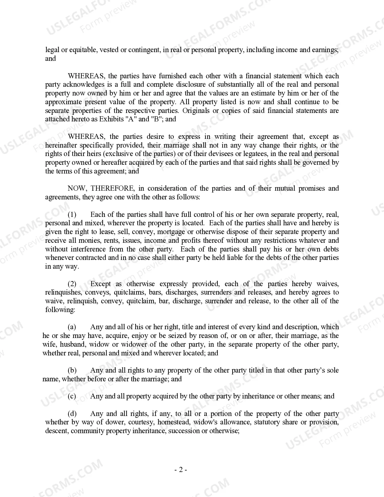 Preview South Dakota Prenuptial Premarital Agreement without Financial Statements