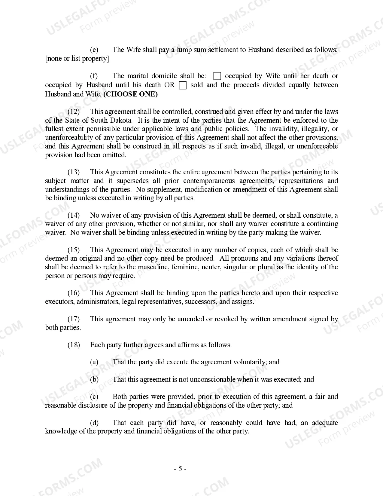 Preview South Dakota Prenuptial Premarital Agreement without Financial Statements