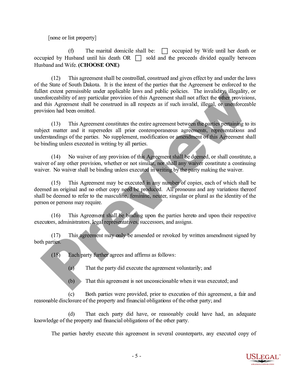 page 4 South Dakota Prenuptial Premarital Agreement - Uniform Premarital Agreement Act - with Financial Statements preview