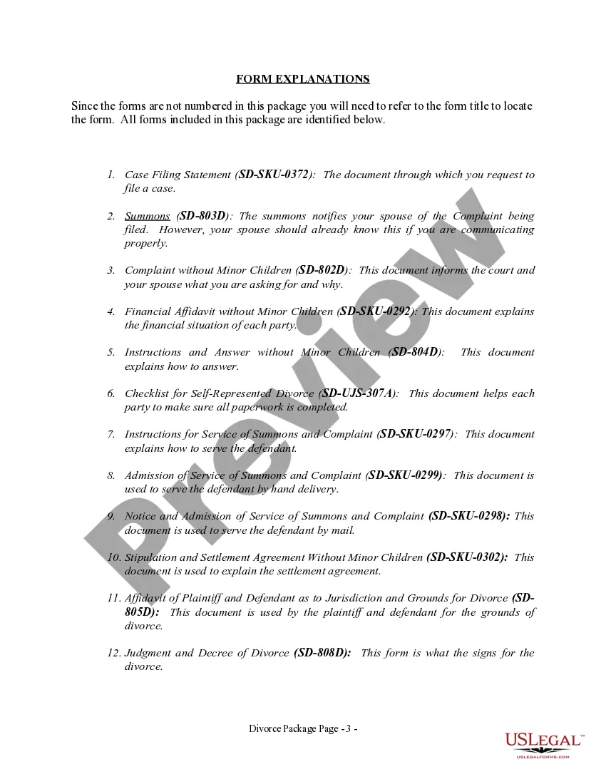 Get South Dakota No-Fault Agreed Uncontested Divorce Package for Dissolution of Marriage for Persons with No Children with or without Property and Debts Preview South Dakota No-Fault Agreed Uncontested Divorce Package for Dissolution of Marriage for Persons with No Children with or without Property and Debts