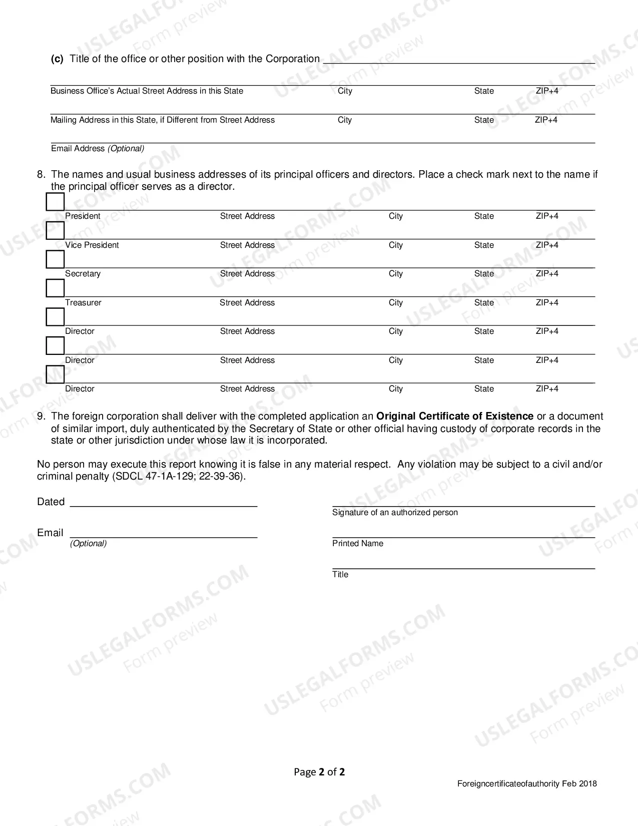 Preview South Dakota Registration of Foreign Corporation