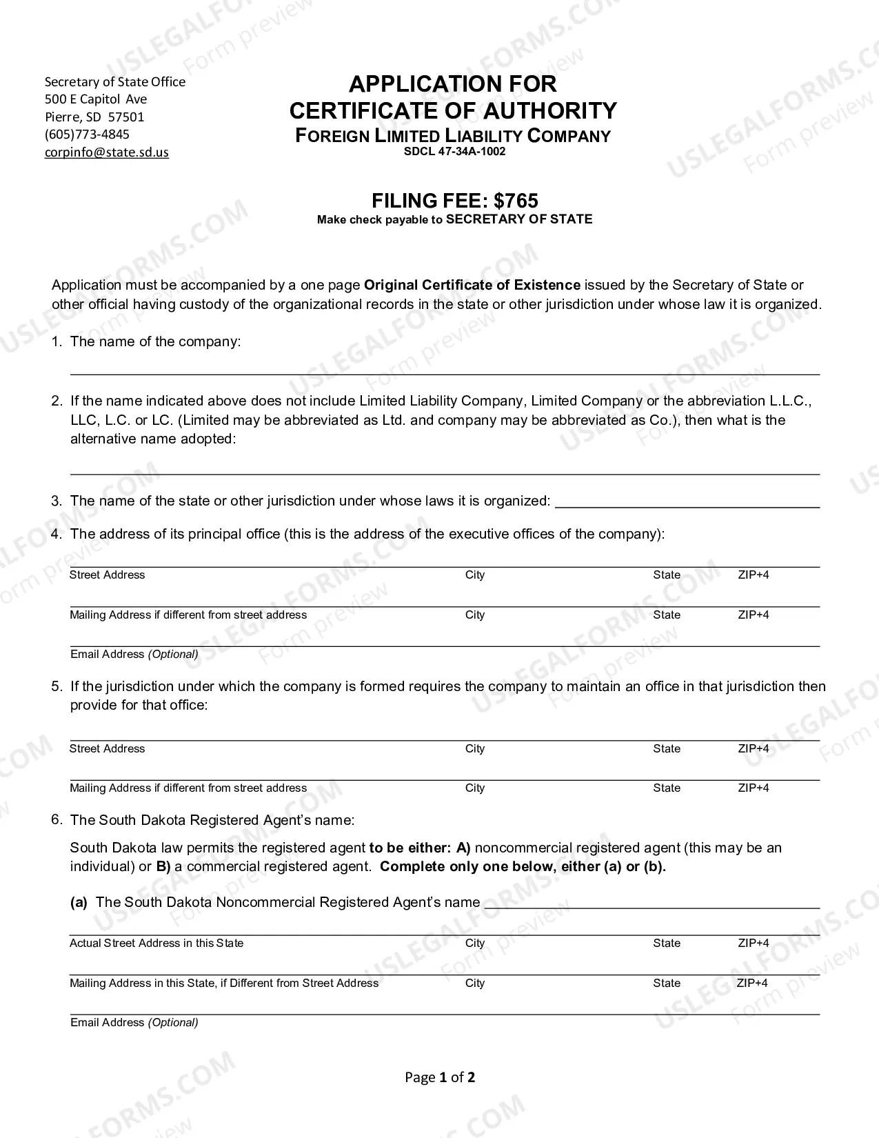 Preview South Dakota Registration of Foreign Corporation