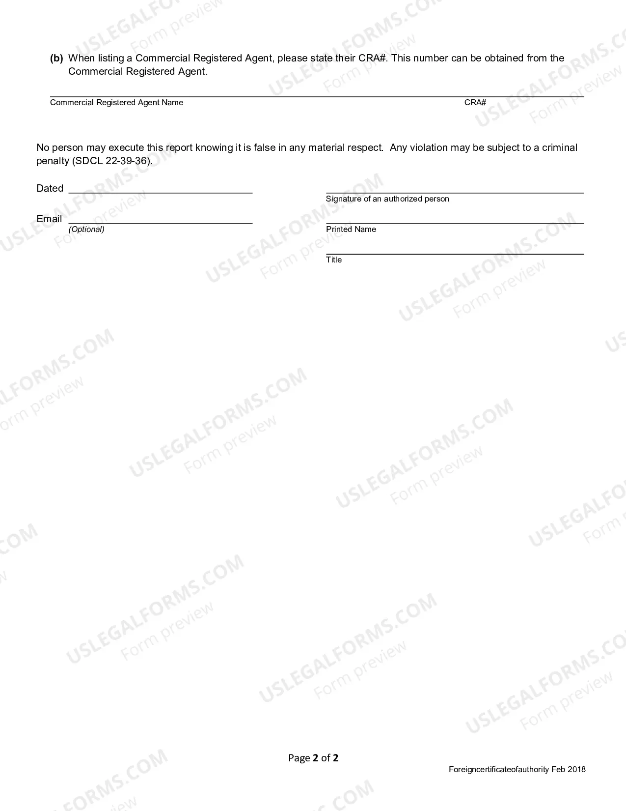 Preview South Dakota Registration of Foreign Corporation