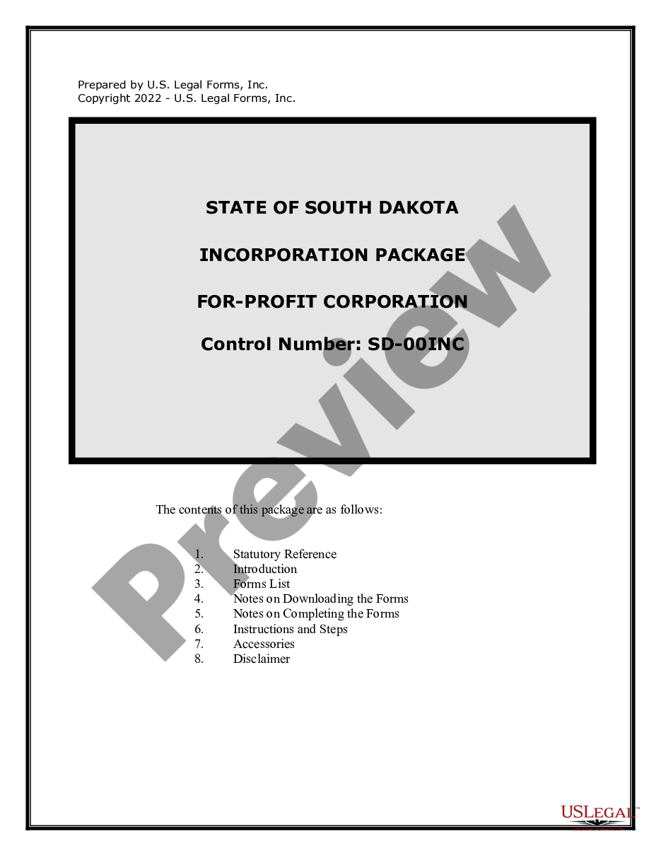 page 0 South Dakota Business Incorporation Package to Incorporate Corporation preview