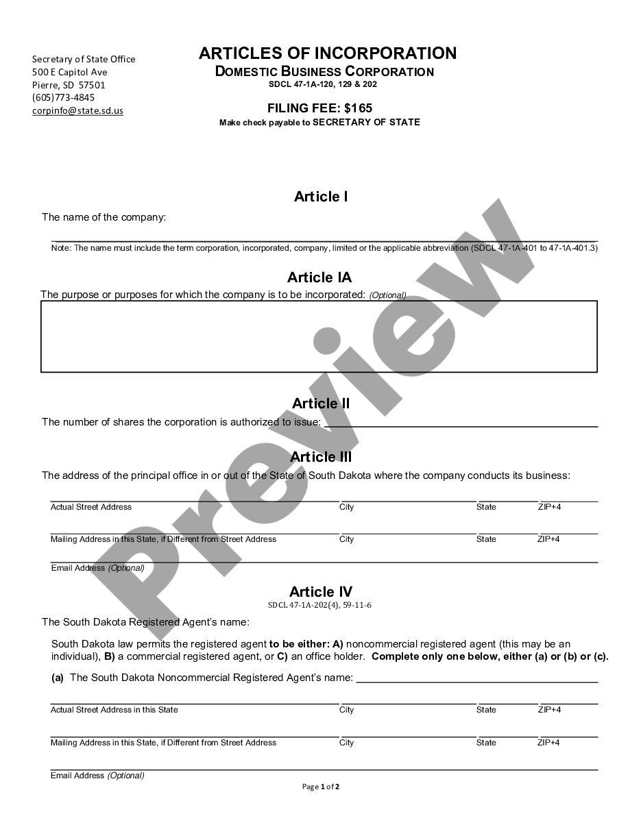 page 1 South Dakota Articles of Incorporation for Domestic For-Profit Corporation preview