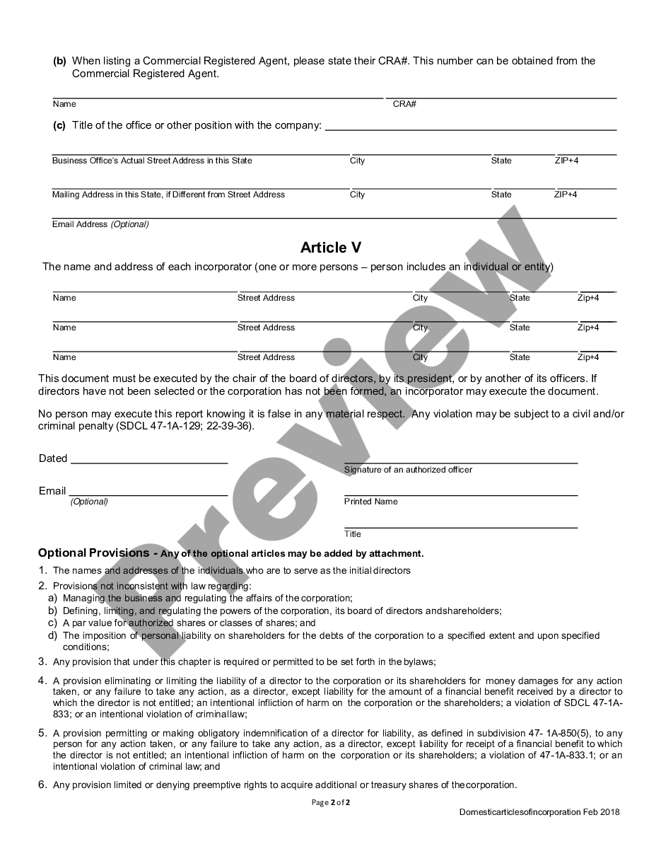 page 2 South Dakota Articles of Incorporation for Domestic For-Profit Corporation preview
