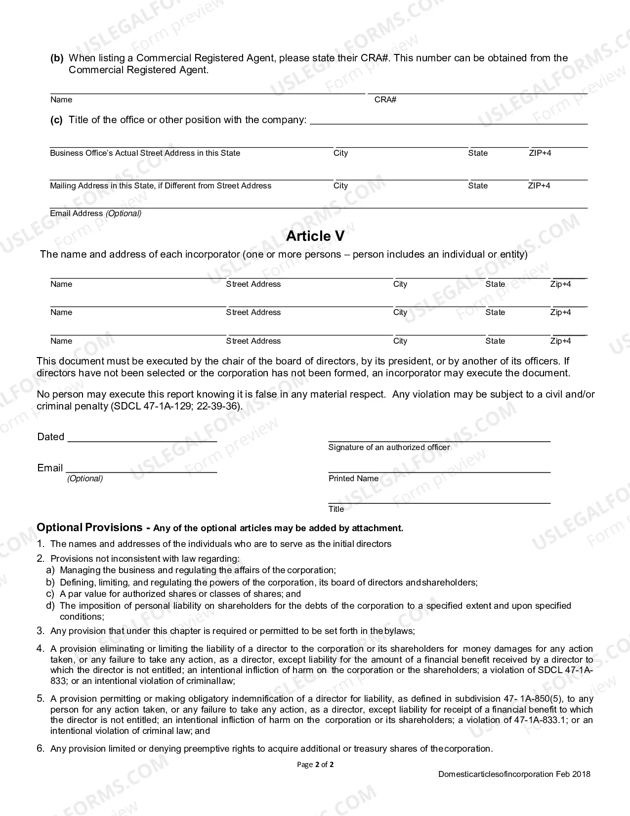 Preview South Dakota Articles of Incorporation for Domestic For-Profit Corporation