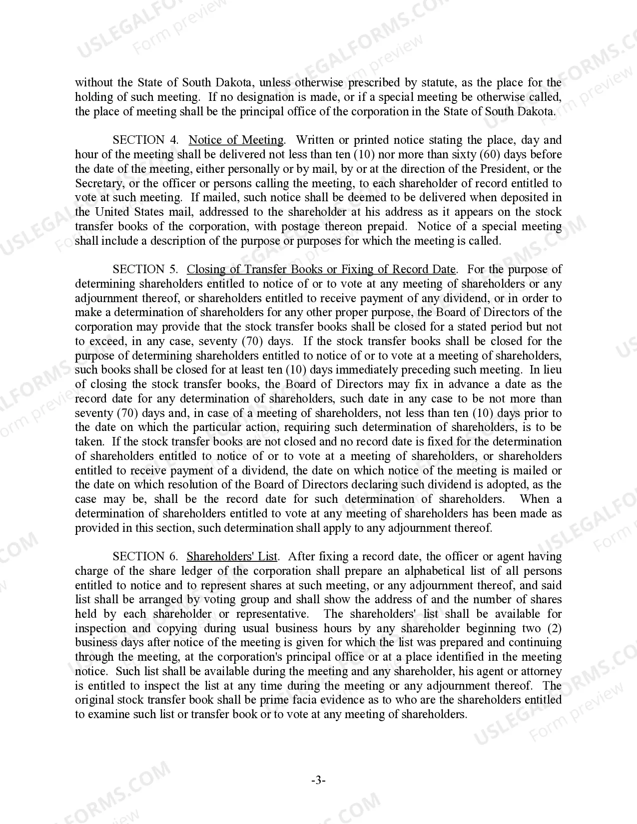 Preview South Dakota Bylaws for Corporation