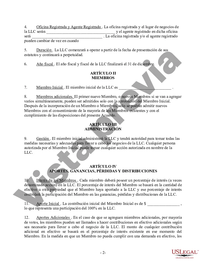 Preview Acuerdo Operativo LLC de Sociedad de Responsabilidad Limitada de Miembro Único